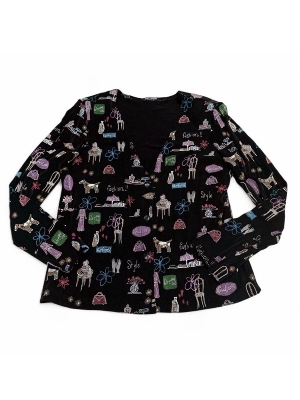Vintage 90’s Kitschy Novelty Print Cardigan Women’s Medium Acetate Maximalist